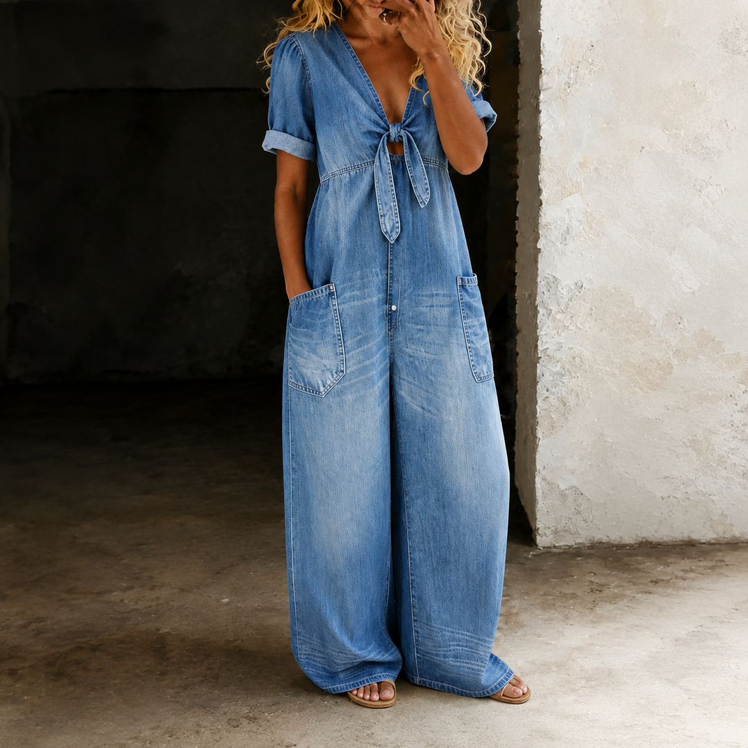 Maya | Τζιν Ολόσωμη Φόρμα με Φαρδιά Μπατζάκια